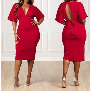 New! J BROOKS BOUTIQUE Size 1XL Sexy Fire Red Mia Deep Plunge Open Back Dress